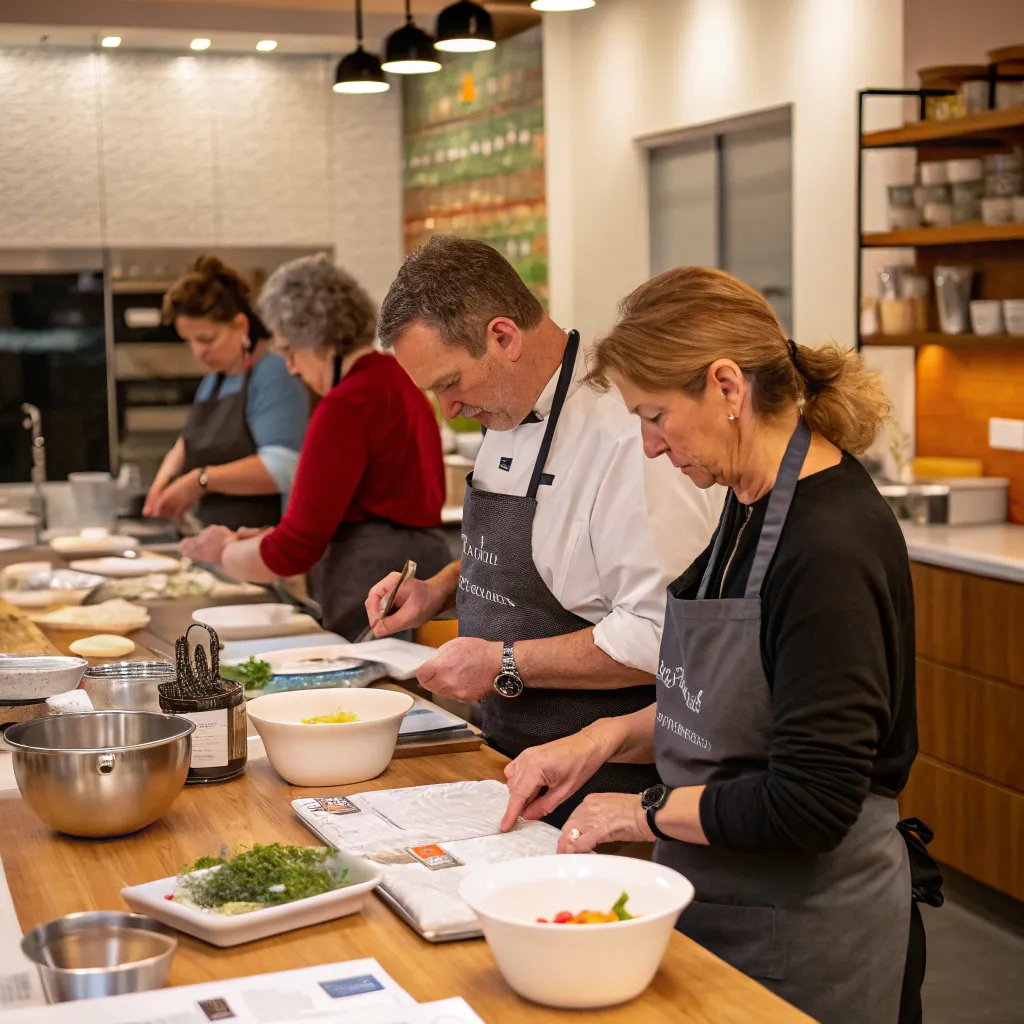 Participants engaged in a cooking class at ZENLORETH Culinary Studio