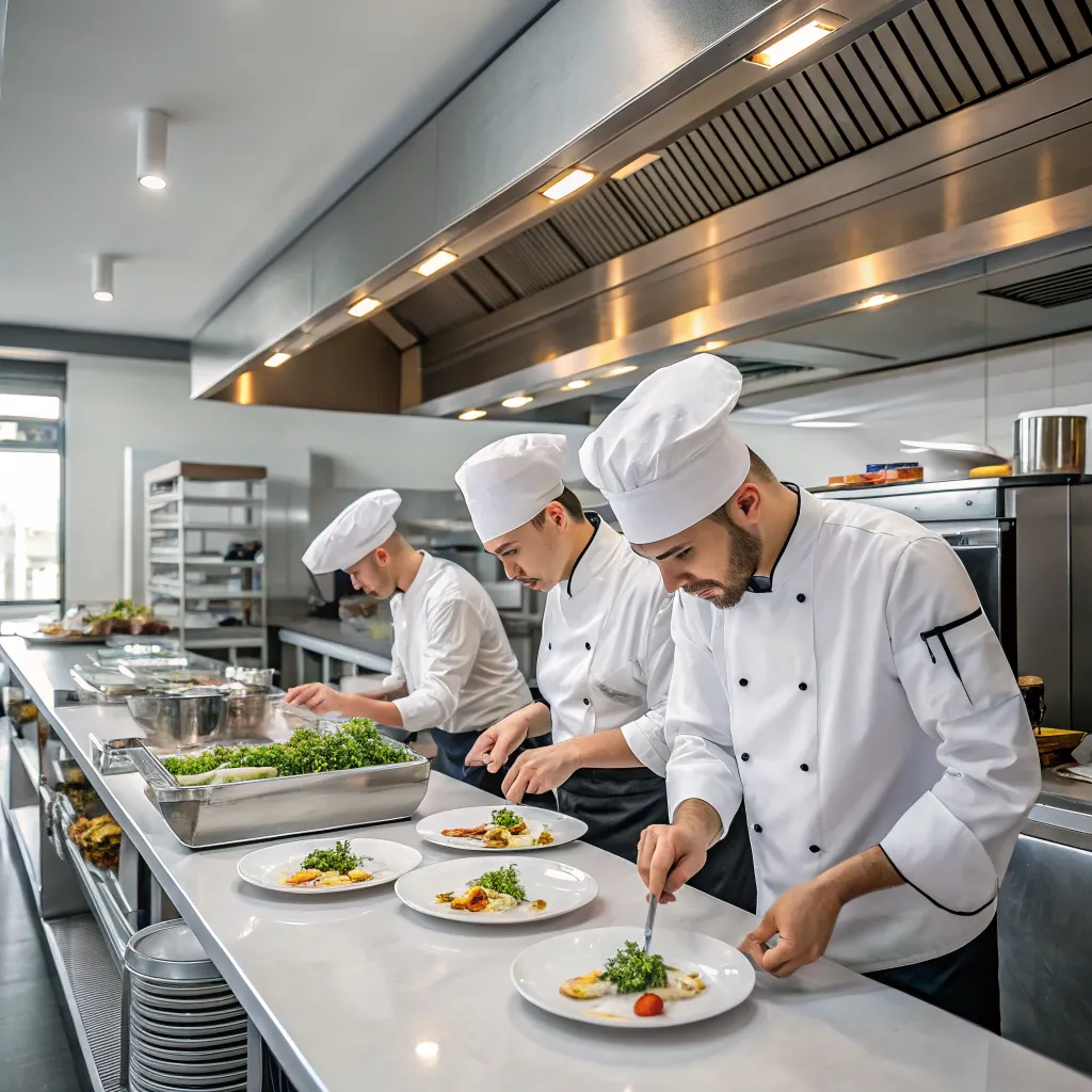 Team of chefs collaborating in a modern kitchen